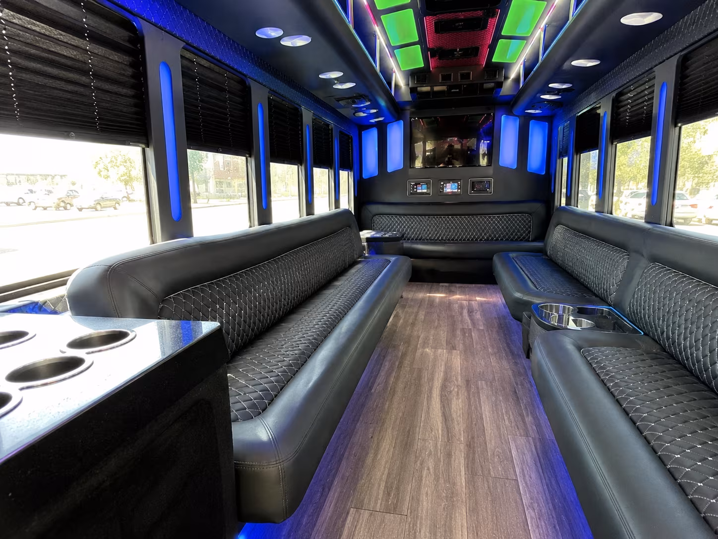 modesto 15 passenger party bus inside